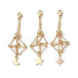 3Pcs 3 Styles Brass Macrame Pouch Empty Stone Holder Pendant Decoration, with 304 Stainless Steel Clasps, Moon & Star, Golden, 68~71mm, 1pc/style(HJEW-JM01287)