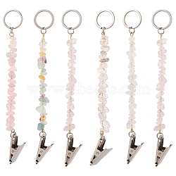 6Pcs Natural Rose Quartz & Quartz Crystal Keychain, with 304 Stainless Steel Rings & Iron Clips, 150mm, 6pcs/set(KEYC-GF00005)