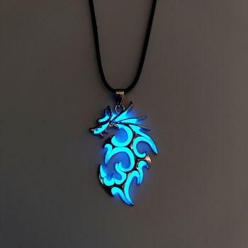 Luminaries Alloy Dragon Pendant Necklace, Glow In The Dark Jewelry for Women, Light Sky Blue, 23.62 inch(60cm)