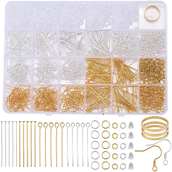 DIY Jewelry Making Findings Kits, including Brass Earring Hooks & Eye Pin & Ear Nuts & Ring, Iron Jump Rings, 304 Stainless Steel Stud Earring Findings, Plastic Ear Nuts, Mixed Color