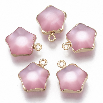 Resin Pendants, with Golden Plated Iron Loops, Imitation Cat Eye Style, Star, Pink, 19x15.5x8mm, Hole: 1.8mm