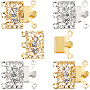 6 Sets 2 Colors 3-Strand 6-Hole Brass Filigree Box Clasps, with Crystal Rhinestone, Rectangle, Platinum & Golden, 17x18x7mm, Hole: 1.5mm, 3 sets/colors