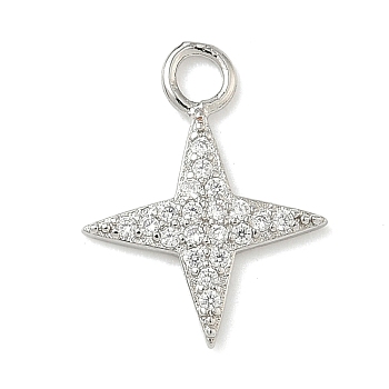 Brass Micro Pave Clear Cubic Zirconia Pendants, Platinum, Star Charm, 15.5x12x1.5mm, Hole: 2.5mm