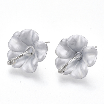 Spray Painted Alloy Stud Earring Findings, with Stainless Steel Pins and Loop, Flower, Platinum, White, 18x18mm, Hole: 1.4mm, Pin: 1mm