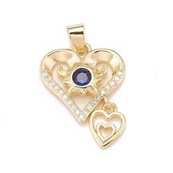 Brass Micro Pave Cubic Zirconia Pendants, Real 18K Gold Plated, Lead Free & Cadmium Free, Heart, Midnight Blue, 21x17x3mm, Hole: 4x3mm