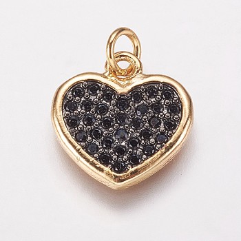 Brass Cubic Zirconia Charms, Heart, Golden, 13.5x13x1.5mm, Hole: 3.5mm