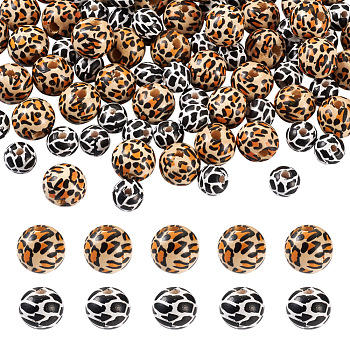 Biyun 100Pcs 2 Patterns Printed Natural Wooden Beads, Round with Cow Pattern & Leopard Print Pattern, Mixed Color, 50pcs/Pattern