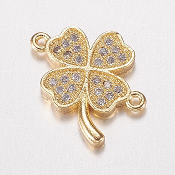 Brass Micro Pave Cubic Zirconia Links, Clover, Golden, 15x16x2mm, Hole: 1mm