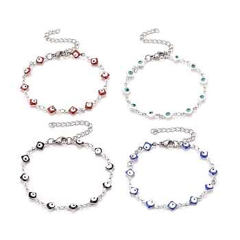 Enamel Rhombus with Evil Eye Link Chains Bracelet, 304 Stainless Steel Jewelry for Women, Stainless Steel Color, Mixed Color, 6-5/8 inch(16.8cm)