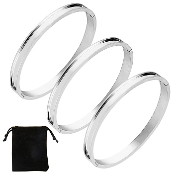 3Pcs Egg Shaped 201 Stainless Steel Grooved Hinged Bangles, for DIY Electroplated, Leather Inlay, Clay Rhinestone Pave Bangle Making, Stainless Steel Color, 1/4 inch(0.6cm), Inner Diameter: 2x2-3/8 inch(5.05x6cm)
