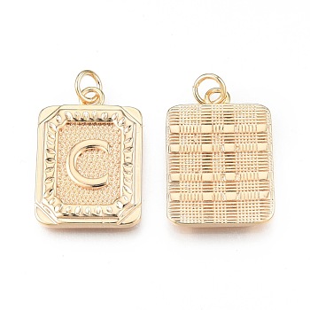 Brass Pendants, with Jump Rings, Cadmium Free & Nickel Free & Lead Free, Rectangle with Letter, Real 18K Gold Plated, Letter.C, 22.5x16x2mm, Jump Ring: 5x1mm, 3mm inner diameter