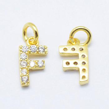 Brass Micro Pave Grade AAA Cubic Zirconia Charms, Letter F, Cadmium Free & Nickel Free & Lead Free, Real 18K Gold Plated, 9x5x1.5mm, Hole: 2mm