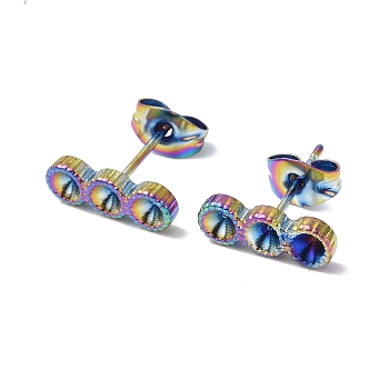 Ion Plating(IP) 304 Stainless Steel Stud Earring Findings, with Rhinestone Settng and Ear Nuts, Flat Round, Rainbow Color, Fit For 2.5mm Rhinetstone, 12.5x4.5mm, Pin: 0.7mm