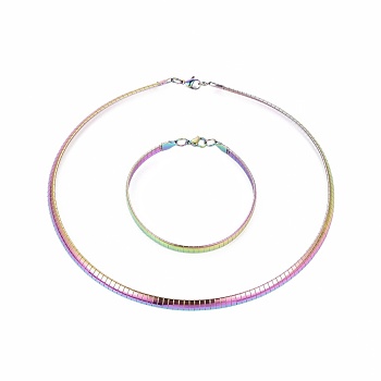 304 Stainless Steel Choker Necklaces and Bangles Jewelry Sets, with Lobster Claw Clasps, Rainbow Color, 8-1/4 inch~8-3/8 inch(21~21.2cm), 17.8 inch~17.9 inch(45.2~45.4cm), 6mm