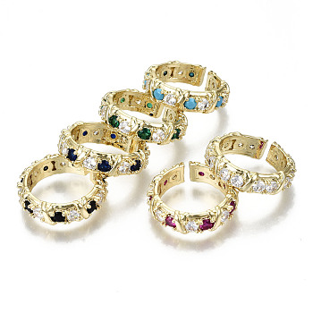 Brass Micro Pave Cubic Zirconia Cuff Rings, Open Rings, Nickel Free, Real 16K Gold Plated, Mixed Color, US Size 6(16.5mm)