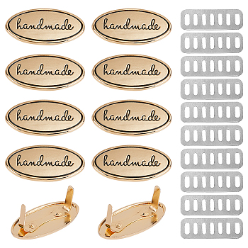 10 Sets Alloy Handmade Bag Metal Label Tags, Oval Sign Embellishments, with Shim, Light Gold, 19.5x40x2.5mm