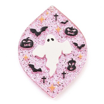 Halloween Printed Acrylic Pendants, with Glitter Powder, Ghost, 42x30x2.5mm, Hole: 1.5mm