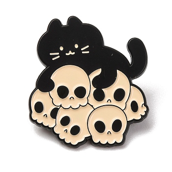 Enamel Pins, Black Alloy Lapel Pin Backs for Backpack Clothes, Cat with Skull, Beige, 30.5x27.5mm
