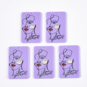 Acrylic Big Pendants, 3D Printed, Rectangle, Abstract Face & Love Yourself Pattern, Lilac, 50x30.5x2.5mm, Hole: 1.8mm