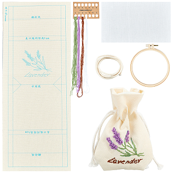 Lavender Pattern Embroidery Starter Drawstring Bag Making Kit, Including Plastic Embroidery Hoop, Fabric, Polyester Threads, Iron Needles, Drawstring Cord, Mixed Color, Thread: 1mm