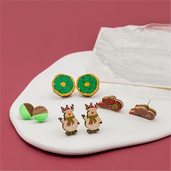 4 Pairs Snowman & Christmas Hat & Wreath Printed Wood Stud Earrings, Flat Round Wood & Resin Earring, Mixed Color, 16~17x10~17mm