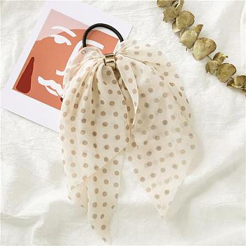 Polka Dot Pattern Cloth Elastic Hair Accessories, for Girls or Women, with Iron Findings, Hair Ties with Long Tail, Knotted Bow Hair Scarf, Cornsilk, 250mm