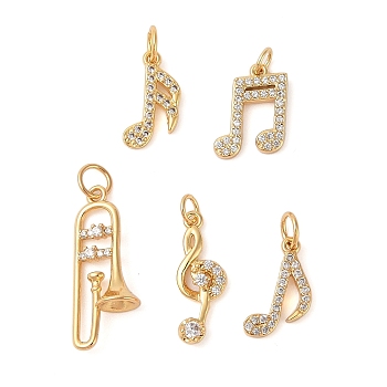 Rack Plating Brass Micro Pave Clear Cubic Zirconia Pendants, Long-Lasting Plated, Cadmium Free & Lead Free, Real 18K Gold Plated, Musical Note/Trumpet, with Jump Rings, Clear, 15~23x7~9x2~6mm, Hole: 4mm