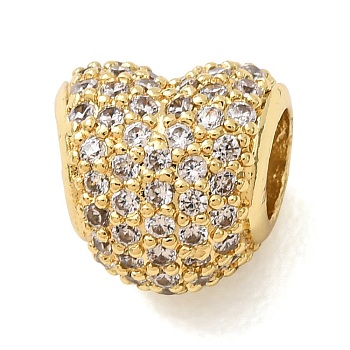 Brass Micro Pave Clear Cubic Zirconia European Beads, Large Hole Beads, Heart, Golden, 9.5x9.5x9mm, Hole: 4.5mm