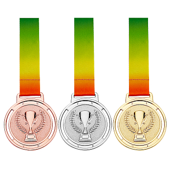 3Pcs 3 Colors Zinc Alloy Medal, with Polyester Lanyard, Flat Round with Trophy, Mixed Color, 505mm, 1pc/color