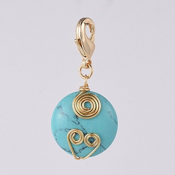 Flat Round Synthetic Turquoise Pendants, with Copper Wire and Brass Lobster Claw Clasps, 33mm