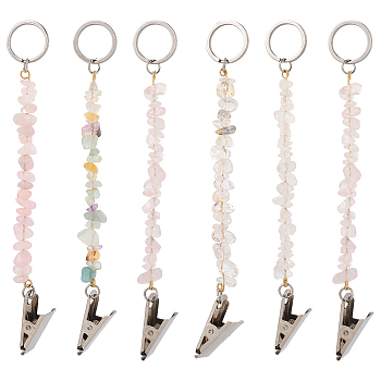 6Pcs Natural Rose Quartz & Quartz Crystal Keychain, with 304 Stainless Steel Rings & Iron Clips, 150mm, 6pcs/set
