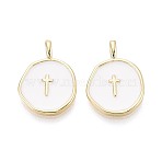 Brass Enamel Pendants, Nuggets with Cross Charms, Real 16K Gold Plated, White, 17.5x12.5x3mm, Hole: 3x1.6mm(KK-T080-70G)