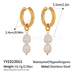 Stainless Steel Hoop Earrings, with Freshwater Pearl, Golden, Rice, 53x24mm(ZU9248-2)