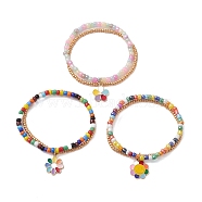 3Pcs 3 Styles Glass Seed Double Layer Multi-strand Bracelets Set, Stretch Bracelets with Alloy Enamel Flower Charms, Mixed Color, Inner Diameter: 2-1/4 inch(5.7cm), 1Pc/style(BJEW-MZ00055)