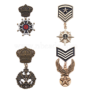 4Pcs 4 Style Eagle & Star & Crown & Cross Dangle Charms Zinc Alloy Badges, Metal Medal for Men, Mixed Color, 65~67x24.5~30x1.5~3mm, Pin: 0.7mm, 1Pc/style(JEWB-FH0001-15)