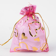 Heart Printed Organza Bags, Gift Bags, Rectangle, Orchid, 12x10cm(OP-R022-10x12-08)
