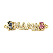 Rack Plating Brass Micro Pave Colorful Cubic Zirconia Connector Charms, Word MAMA Links, Mother's Day, Long-Lasting Plated, Lead Free & Cadmium Free, Real 18K Gold Plated, 35x8x2mm, Hole: 1.2mm(KK-K377-82G)
