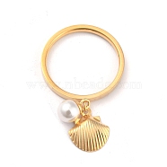 Dual-use Items, 304 Stainless Steel Finger Rings or Pendants, with Plastic Round Beads, Shell, White, Golden, US Size 7(17.3mm)(RJEW-O045-18C-G)