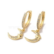 Clear Cubic Zirconia Moon with Star Dangle Hoop Earrings, Brass Jewelry for Women, Real 18K Gold Plated, 27mm, Pin: 0.7mm(EJEW-S205-VA354-2)