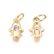 Religion Brass Charms, with Cubic Zirconia and Jump Rings, Hamsa Hand/Hand of Fatima/Hand of Miriam, Clear, Golden, 10x6.5x2mm, Hole: 3mm(ZIRC-I038-37G)