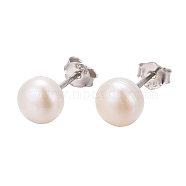 Pearl Ball Stud Earrings, with Rhodium Plated Sterling Silver Pin, with 925 Stamp, Platinum, Creamy White, 6mm(EJEW-Q701-01A)