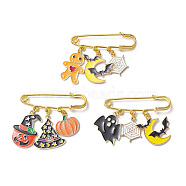 3Pcs 3 Style Halloween Theme Pumpkin & Moon & Bat & Ghost Alloy Enamel Charms Safety Pin Brooches, Golden Iron Lapel Pins for Sweater Shawl Clips Waist Pants Extender, Mixed Color, 42~42.5mm, 1Pc/style(JEWB-BR00095)