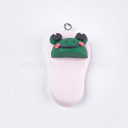 Handmade Polymer Clay Pendants, with Iron Findings, Slipper with Frog, Platinum, Misty Rose, 42~43x19~20x11~14mm, Hole: 1.5mm(CLAY-S093-04C)