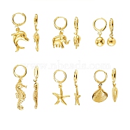 Ocean Theme Brass Huggie Hoop Earring, with 304 Stainless Steel Pendants, Mixed Shapes, Golden, 6pairs/box(EJEW-SZ0001-21G)
