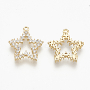 Brass Micro Pave Cubic Zirconia Charms, Star, Nickel Free, Real 18K Gold Plated, 14x14x2mm, Hole: 1mm(ZIRC-Q014-038G)