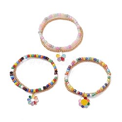 3Pcs 3 Styles Glass Seed Double Layer Multi-strand Bracelets Set, Stretch Bracelets with Alloy Enamel Flower Charms, Mixed Color, Inner Diameter: 2-1/4 inch(5.7cm), 1Pc/style(BJEW-MZ00055)