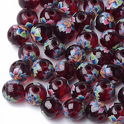 Printed & Spray Painted Transparent Glass Beads, Round with Flower Pattern, Dark Red, 8~8.5x7.5mm, Hole: 1.4mm(GLAA-S047-04A-16)