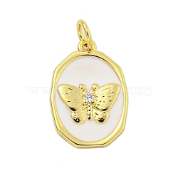 Rack Plating Brass Enamel Pendants, with Jump Ring, Cadmium Free & Lead Free, Long-Lasting Plated, Real 18K Gold Plated, Oval with Butterfly Charm, White, 18x12x2.5mm, Hole: 3mm(KK-U021-17A-G)