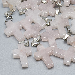 Natural Rose Quartz Pendants, with Stainless Steel Snap On Bails, Cross, 29~30x18~19x5~6mm, Hole: 6x4mm(X-G-T080-19)