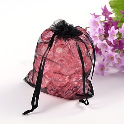 Organza Gift Bags, with Drawstring, Rectangle, Black, 12x10cm(OP016)